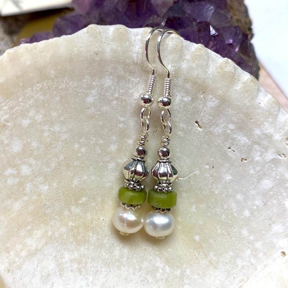 NEW Dainty petite little earrings genuine freshwater pearls mossy South jade
